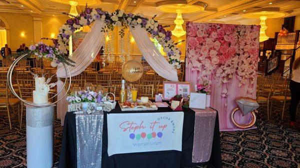 Floral rings, ceremonial arch, back drops, center pieces, cake stands, table set ups and more