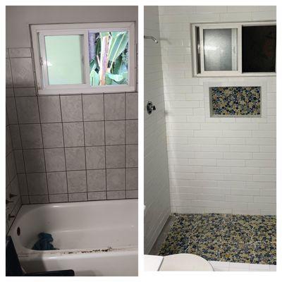 Bathtub 6x6 to Shower Conversion 3x6 Subway Tiles with Pebble Showerpan 

Ventura Ca