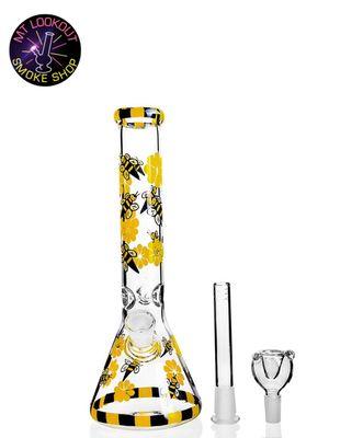 BumbleBee Water Pipe - Classic Beaker enhanced with a  down stem percolator that features artistic - bumblebee - imagery design.