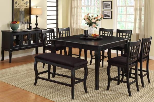 Black 54" Counter height dining set with lazy susan and bench.