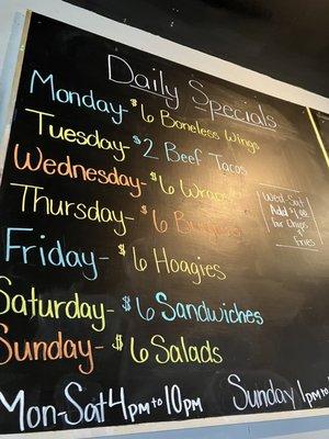 Specials schedule - Menu - March 2022