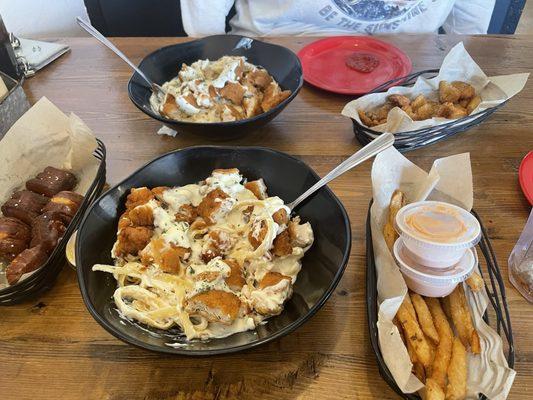 Chicken Alfredo, fries, picadilies