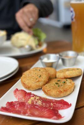 Potato pancake with beet cured salmon