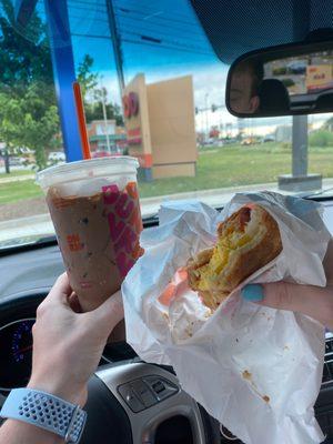 Iced Latte with Mocha and a Bacon, Egg, and cheese croissant.