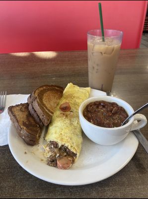 Hot weiner omelette with baked beans, marble rye toast and an iced coffee. Fantastic all around, and reasonably priced.