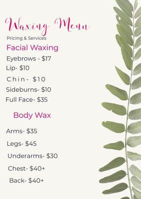 Waxing menu