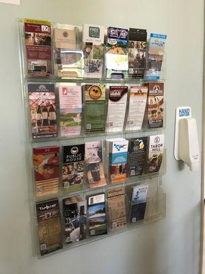 Brochures for local eateries, restaurants, and vineyards