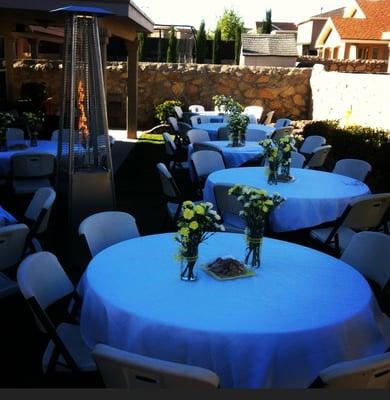 tables, chairs, linens,outside heaters