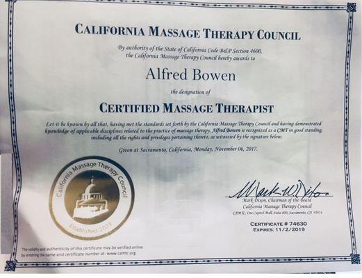 State of California Massage Certification Number (CMT # 74630)