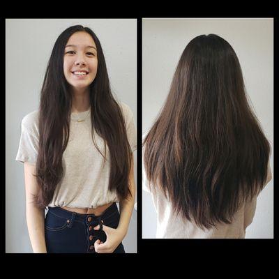 Left photo long hair no shape
Right photo long hair after haircut with shape