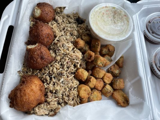 Shredded pork. Okra. Hush puppies. Slaw.