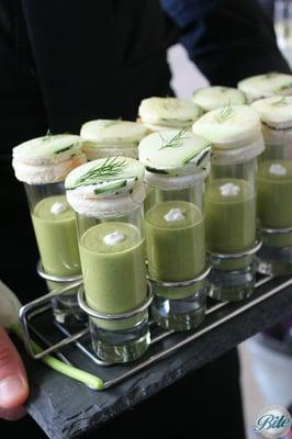 Chilled avocado soup shooters with cucumber herb tea sandwiches