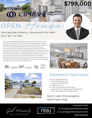 Open House 
1024 Nacion Ave. Chula Vista 91911
-July 6 & 7 
- 12-3pm