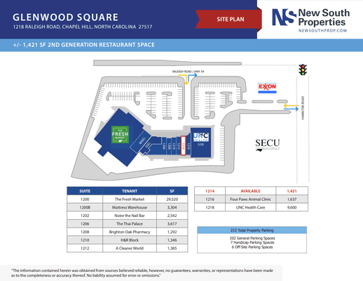 Site plan and map as of October 6, 2023. New South Properties. Currently, only restaurant space 1214 is available for lease.