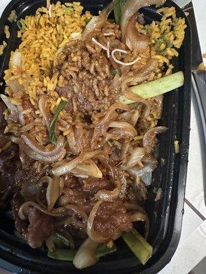 Mongolian beef and rice plate. Very good.