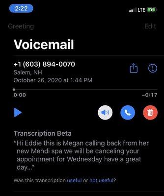 If only you could hear the tone in this voicemail. (Voice recognition often misspells words)