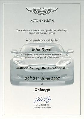 Aston Martin certificate of specialist training on AMDS/V8 Vantage Roadster/Sportshift.