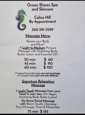 Massage Menu Pricing