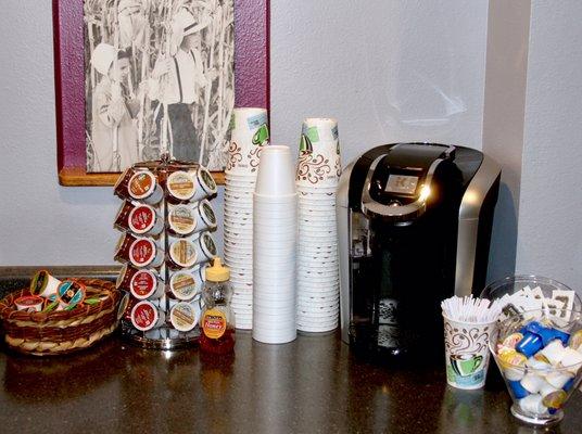 Coffee and other hot drinks are available on us from our Keurig station in the lobby!