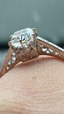 Custom made engagement ring. 1+ carat cushion cut GIA certified.