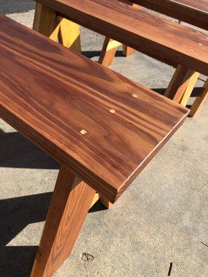 Redwood bench for patio table.