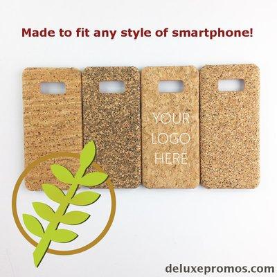 Custom cork smartphone case for sustainable business promotion. Promote sustainably at deluxepromos.com.