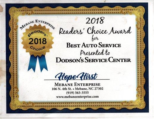 2018 Mebane Enterprise Readers Choice Award for Best Auto Service