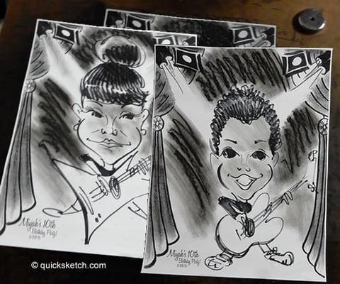 Some black & white caricatures done during a 10th birthday party. I did the bkgds ahead of time to get these done fast. Rock & Roll theme.