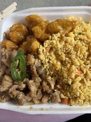 Lunch - orange chicken, black pepper chicken, and fried rice.