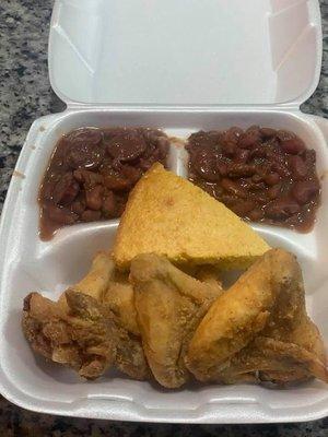 Wednesday special red beans and rice with andouille sausage and fried chicken wings and corn bread