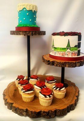 Kentucky Derby! I hand painted the scene on a panel of fondant, make a matching smash cake & gorgeous cupcakes with fondant striped circles