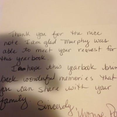 this is the card Yvonne pansoy the libabrien sent me when she sent me my 83 yearbook that was an extra one