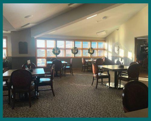 The dining room is attractively decorated and provides a beautiful view of Southwest Bismarck.