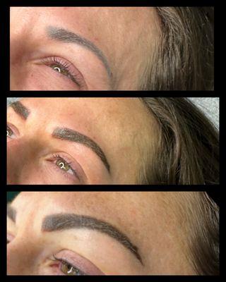 Top photo brows by another artist. Middle color correction and new shape done by me. bottom photo 8 week touch-up