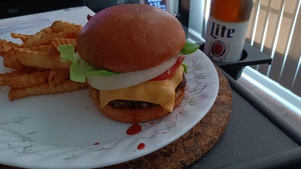 The assembled burger (cheese and beer is mine), and fries. Ready to eat. Yummy