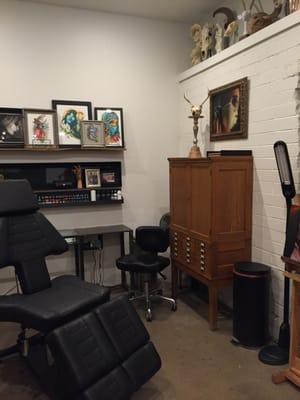 Siege's studio space [artwork by Siege (L) and Matt Geiogamah (R)]