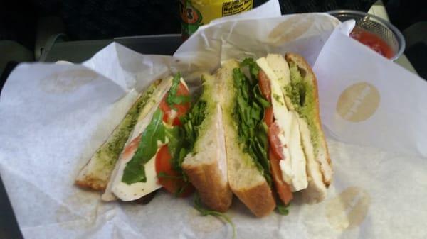 Caprese sandwich with chicken on ciabatta