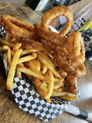 Large appetizer (half fries and half onion rings)!