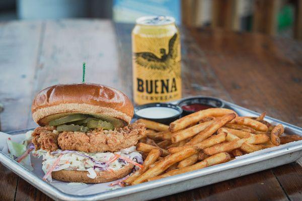 CMC Chicken Sandwich * crispy hand-breaded chicken, coleslaw & pickles on a buttered bun