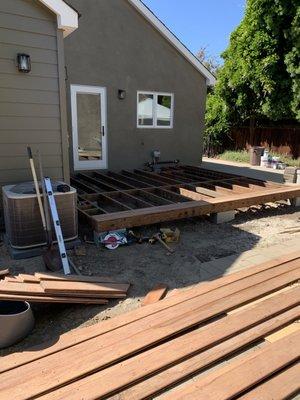 Ground level deck using repurposed materials.