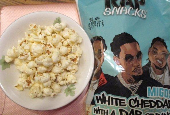 RAP Snacks White Cheddar Popcorn. A 78g bag makes about 3 of these bowls.