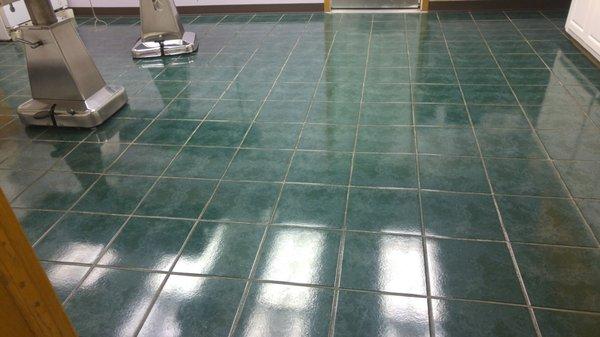 A tile floor that has been deep cleaned at a local veterinary clinic.