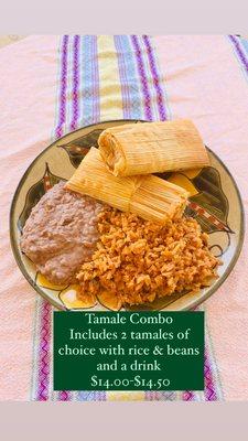 Tamale combo pick any 2 tables and includes a side of Mexican rice and beans.