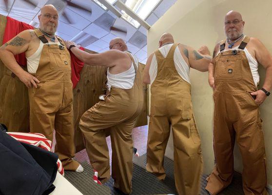 trying on Dickies overalls - brown