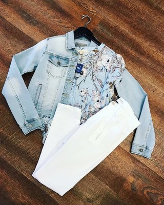 Light wash denim jacket, floral blue blouse, Flying Monkey Jean (white)