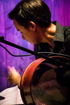 Playing bodhran at a CD release concert at the Blue Whale in Los Angeles, CA.