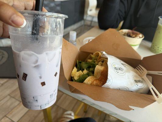 Taro milk tea with coffee jelly and gluten free smoked salmon, arugula, and egg crepe