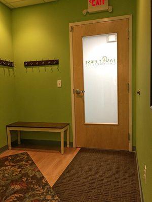 When you enter, take a left. Our office is the first door. I am located within Family First Chiropractic.