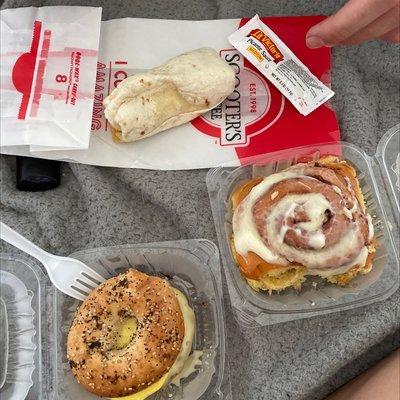 Spicy Sausage Burrito, Everything Bagel, Cinnamon Roll