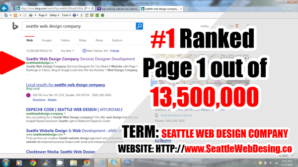 Ranked NUmber 1 in Yahoo and Bing for Seattle Web Design Company